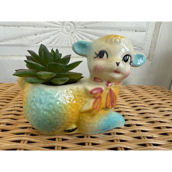 Vintage 40's Shawnee Lamb/sheep Planter Vase Yellow and Blue - Picture 2 of 10